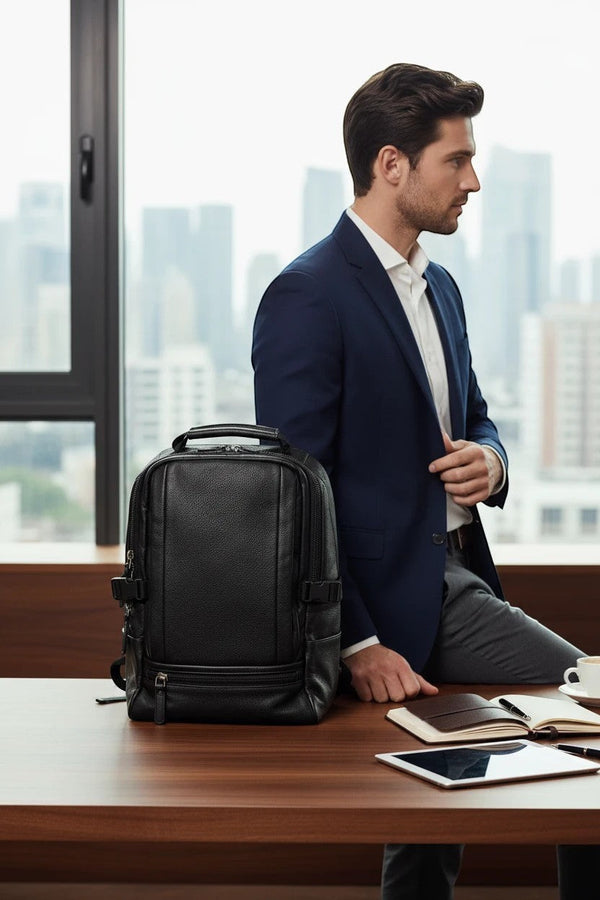 Man in suit next to a black Barutti Vicenza leather laptop backpack in an office.