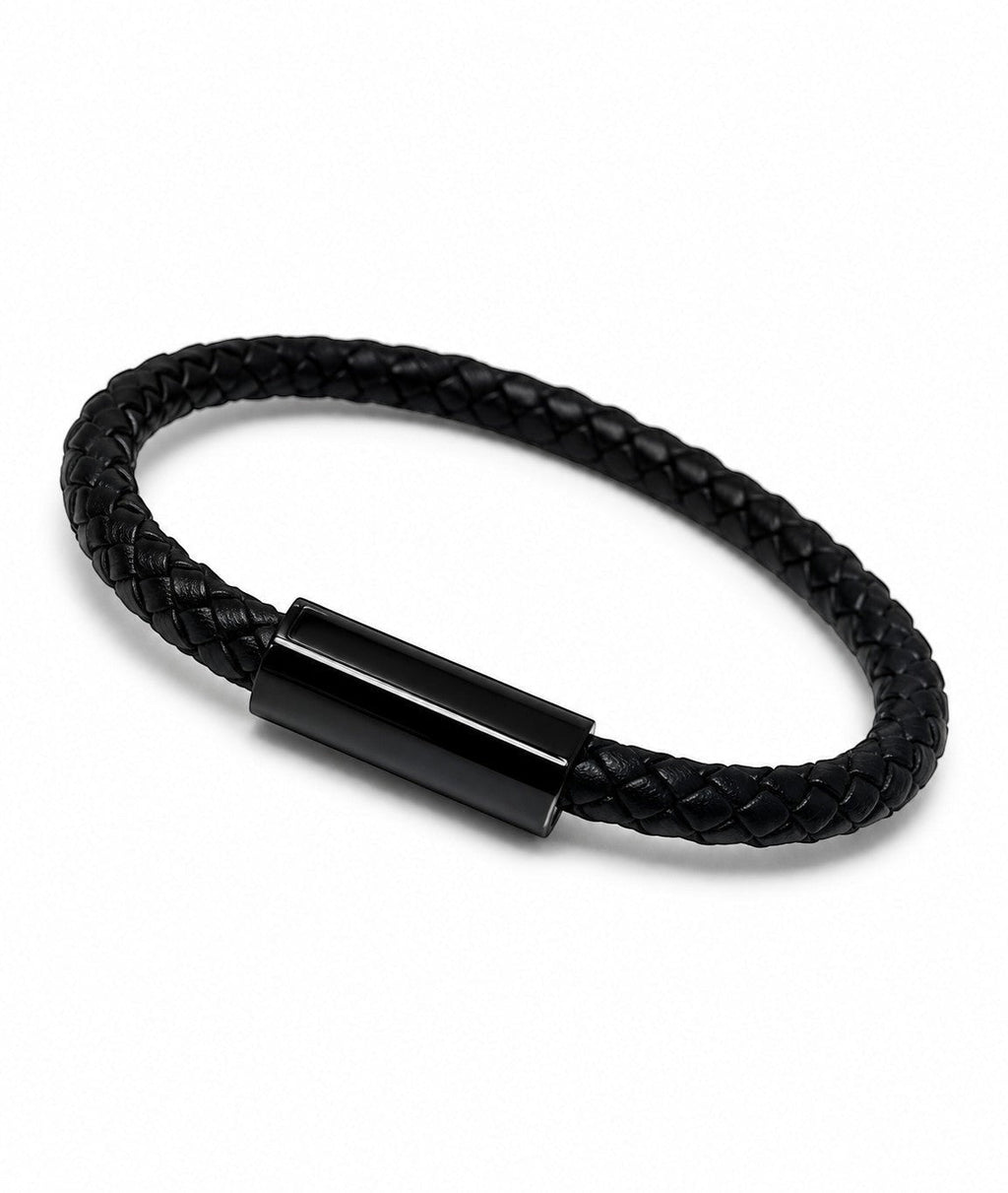 Barutti black braided leather bracelet with matte black stainless-steel magnetic clasp