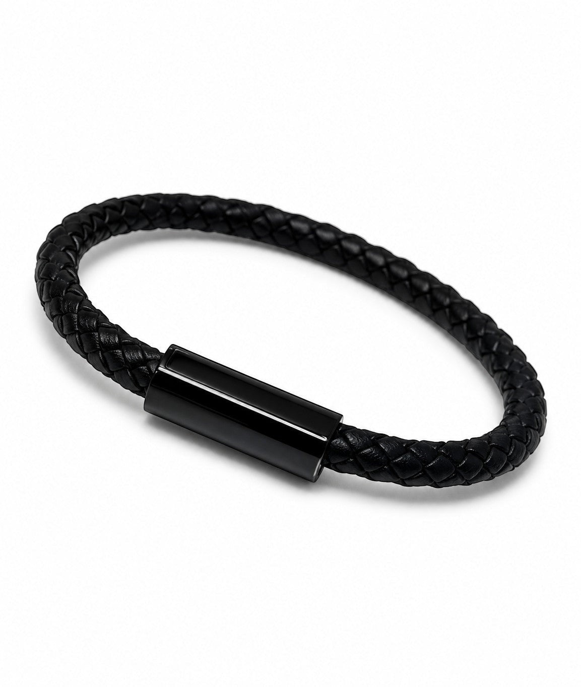 Barutti black braided leather bracelet with matte black stainless-steel magnetic clasp