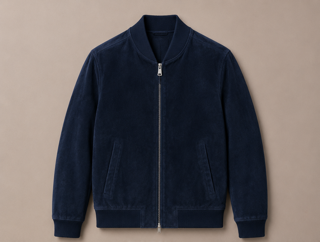 Men's navy suede bomber jacket with ribbed collar, cuffs and hem — Barutti Como