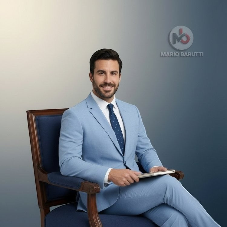 Marco Ricci baby blue three-piece suit back