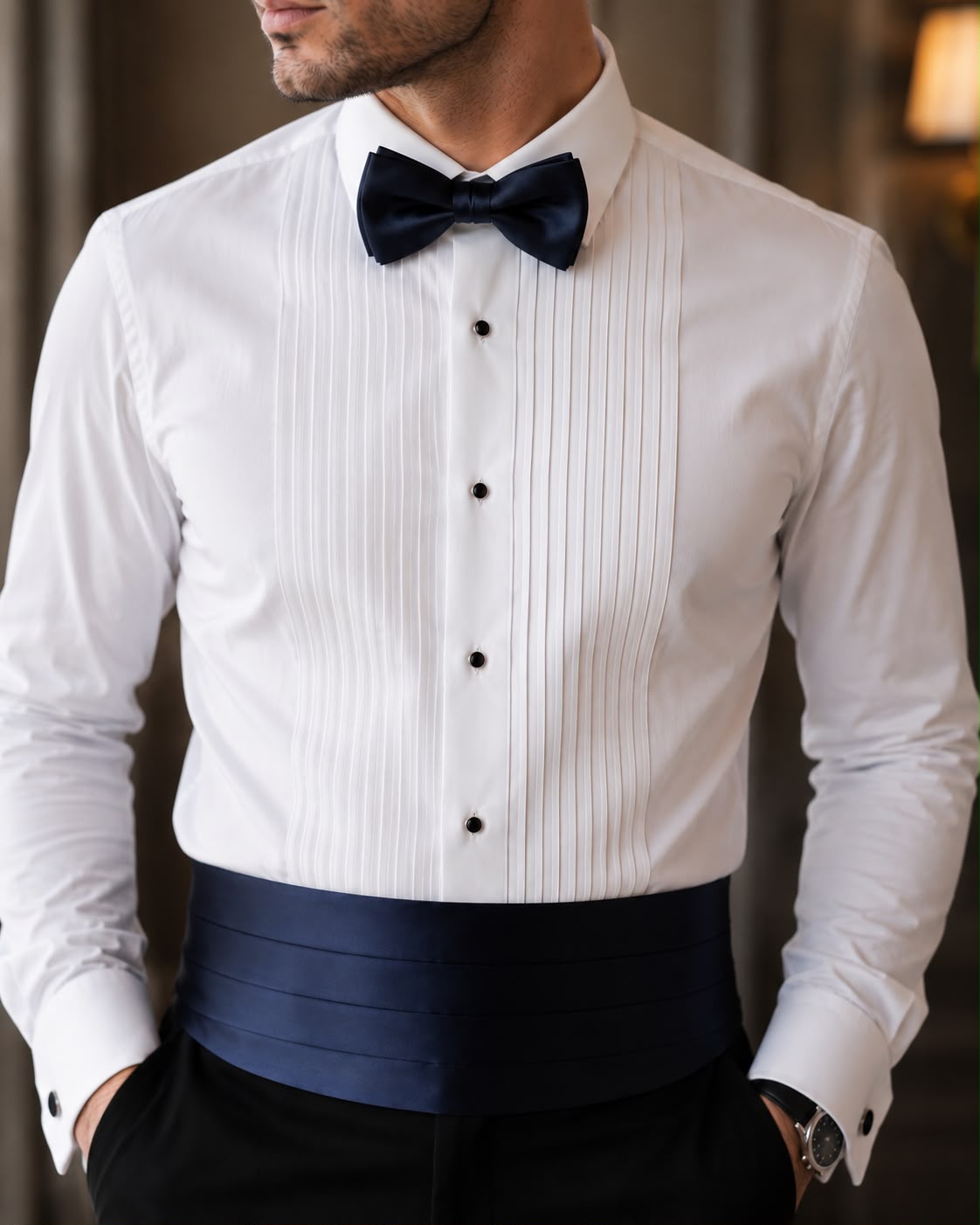 Navy satin cummerbund set — Mario Barutti