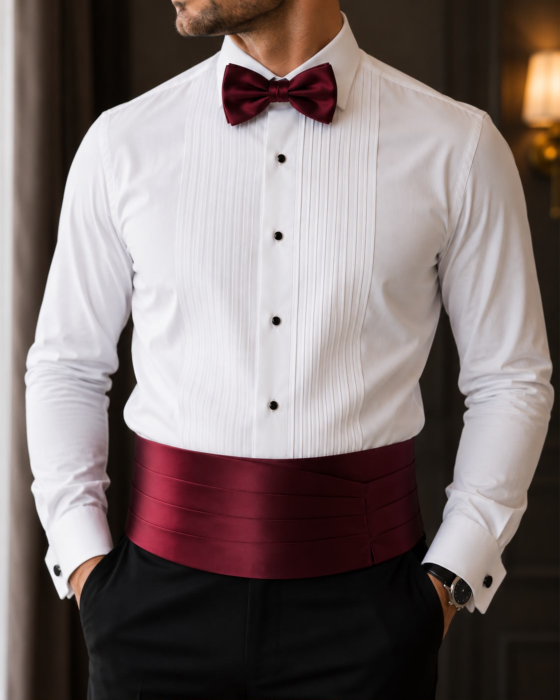 Burgundy satin cummerbund set — Mario Barutti