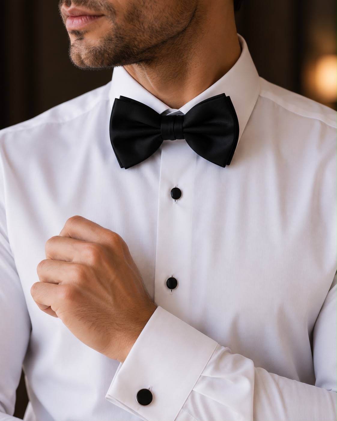 Black satin bow tie set — Mario Barutti