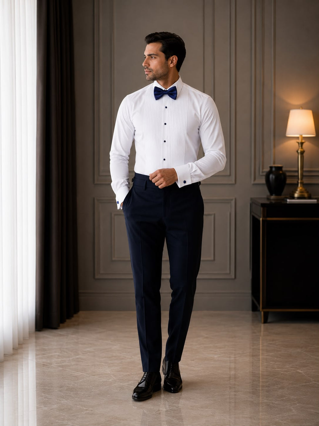 Navy Satin Bow Tie Set