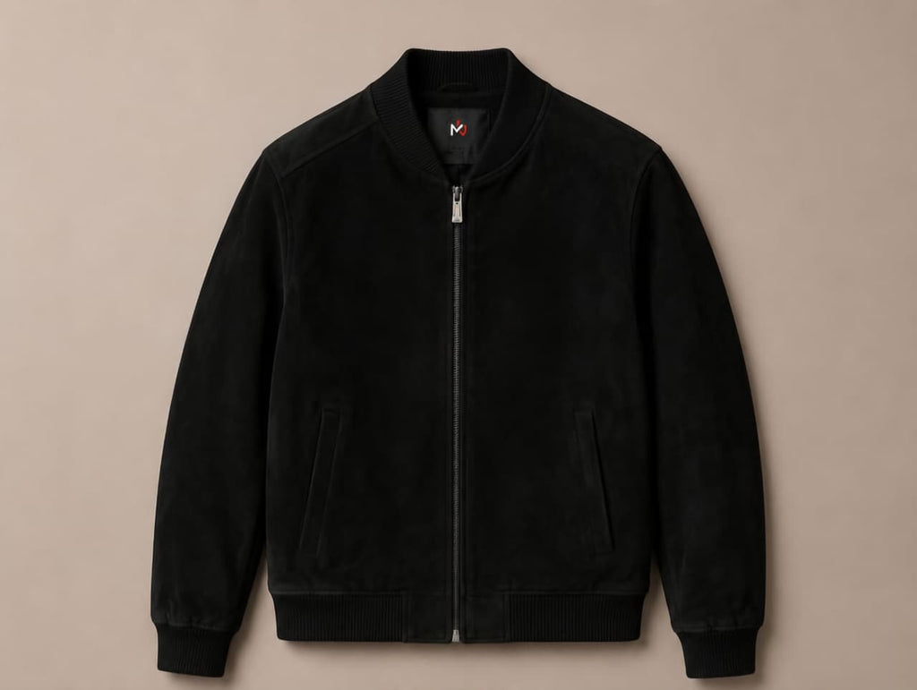 Men's black suede bomber jacket with ribbed collar, cuffs and hem — Barutti Como