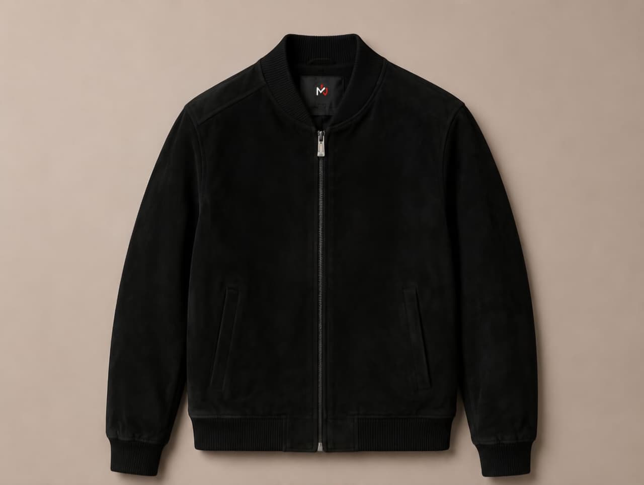 Men's black suede bomber jacket with ribbed collar, cuffs and hem — Barutti Como