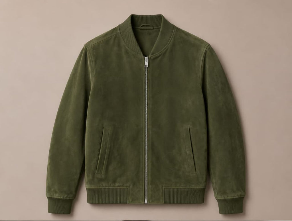 Men's olive green suede bomber jacket with ribbed collar, cuffs and hem — Barutti Como