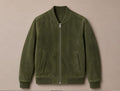 Men's olive green suede bomber jacket with ribbed collar, cuffs and hem — Barutti Como