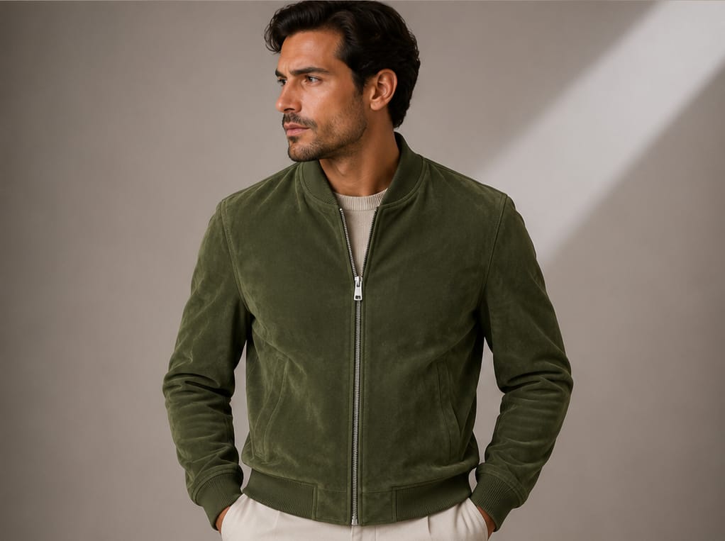 Man wearing the Barutti Como olive green suede bomber jacket