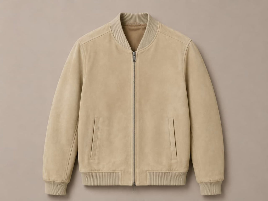 Men's beige suede bomber jacket with ribbed collar, cuffs and hem — Barutti Como