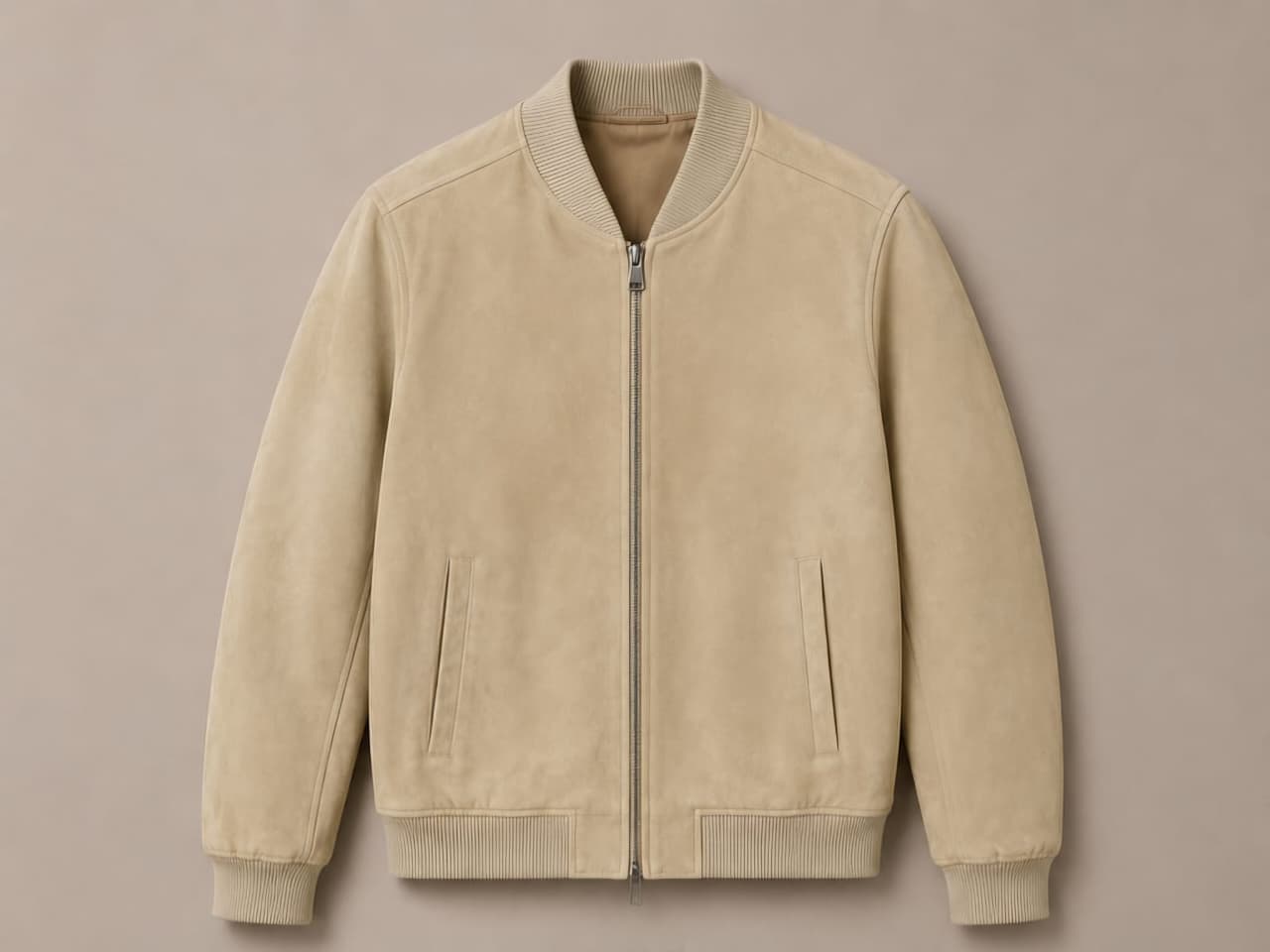 Men's beige suede bomber jacket with ribbed collar, cuffs and hem — Barutti Como