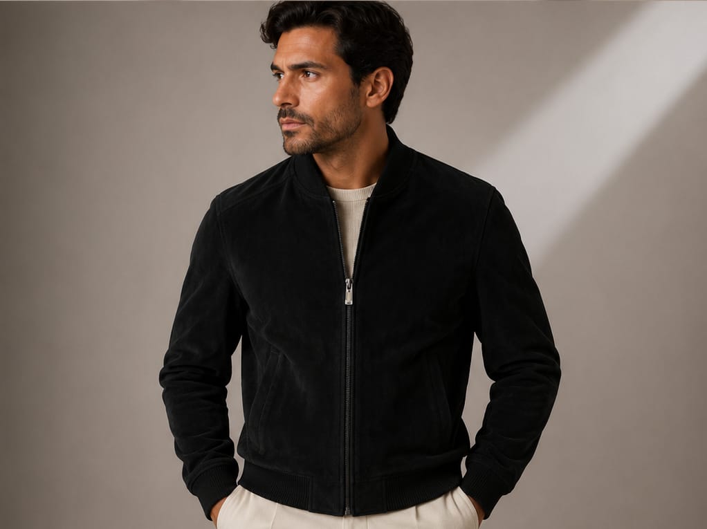 Man wearing the Barutti Como black suede bomber jacket