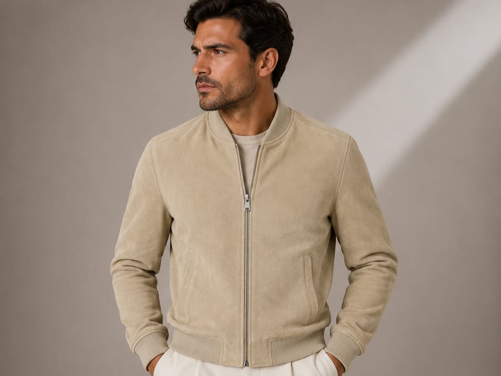 Man wearing the Barutti Como beige suede bomber jacket