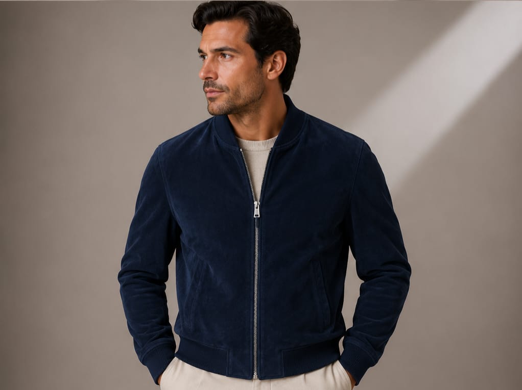 Man wearing the Barutti Como navy suede bomber jacket