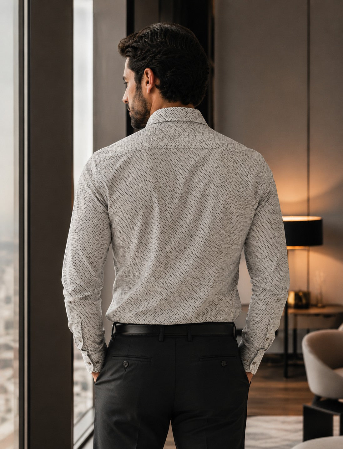 Barutti.ae Venti beige micro-print cotton long-sleeve shirt on a man, back view, modern fit, professional style.
