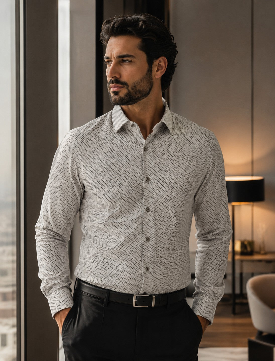 Barutti.ae beige micro-print modern-fit cotton shirt worn by a man in a professional setting