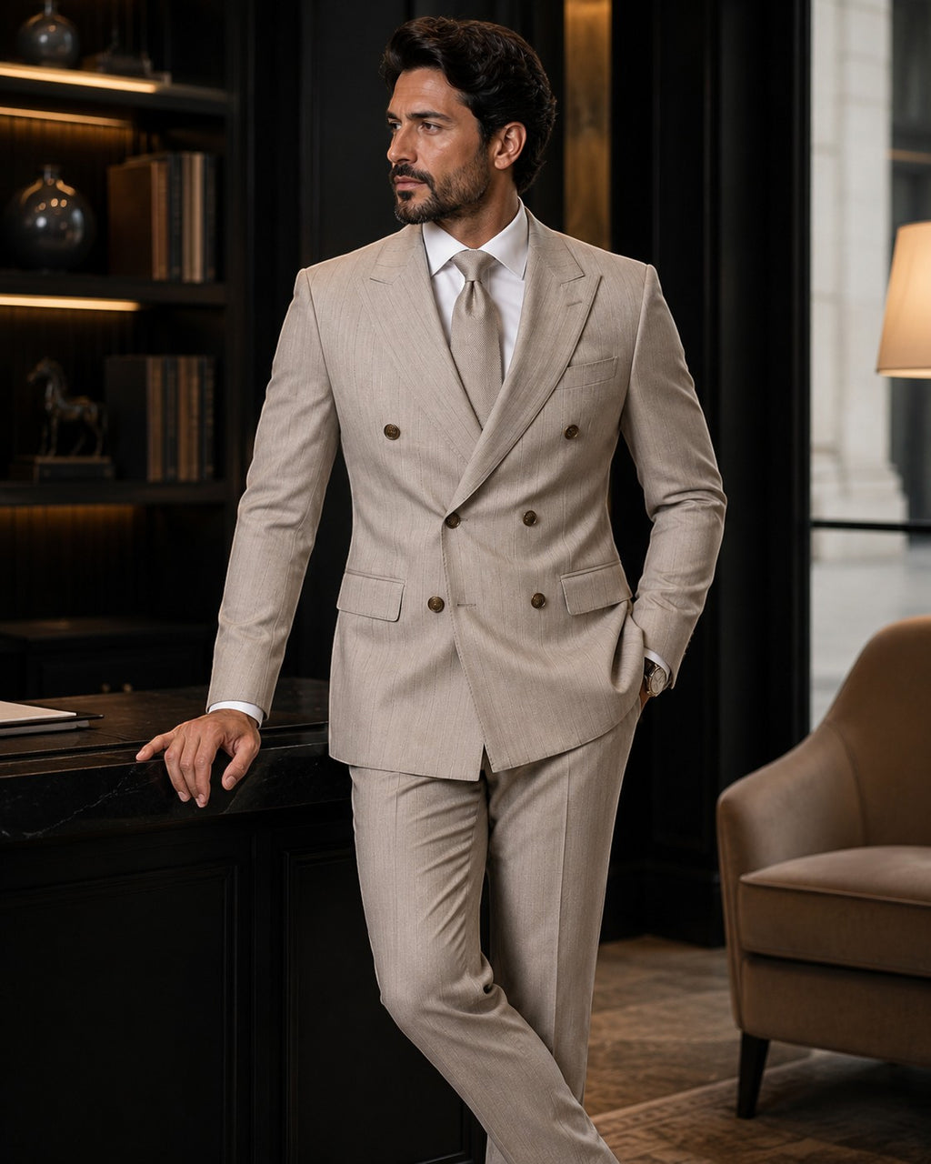 Barutti.ae beige pinstripe double-breasted suit with peak lapels worn by a man in a sophisticated office setting.