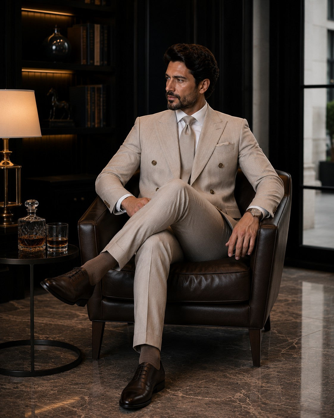 Barutti.ae beige pinstripe double-breasted suit with peak lapels worn by a man sitting in a leather armchair