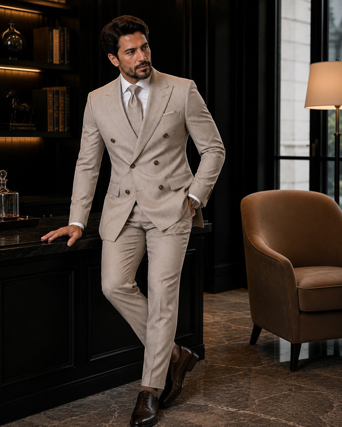 Barutti.ae beige pinstripe double-breasted suit with peak lapels worn by a man in a sophisticated office setting.