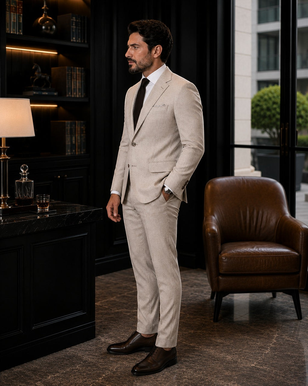 Barutti.ae beige textured wool blazer worn by a man in a dark office setting with a white shirt and dark tie.