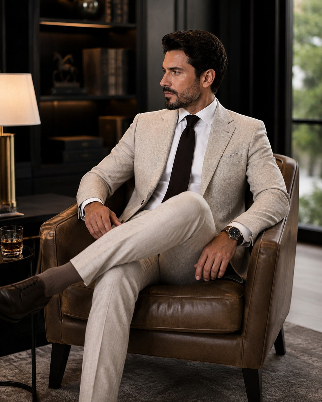Barutti.ae beige textured wool blazer worn by a man in a leather armchair, featuring a notch lapel and refined weave.