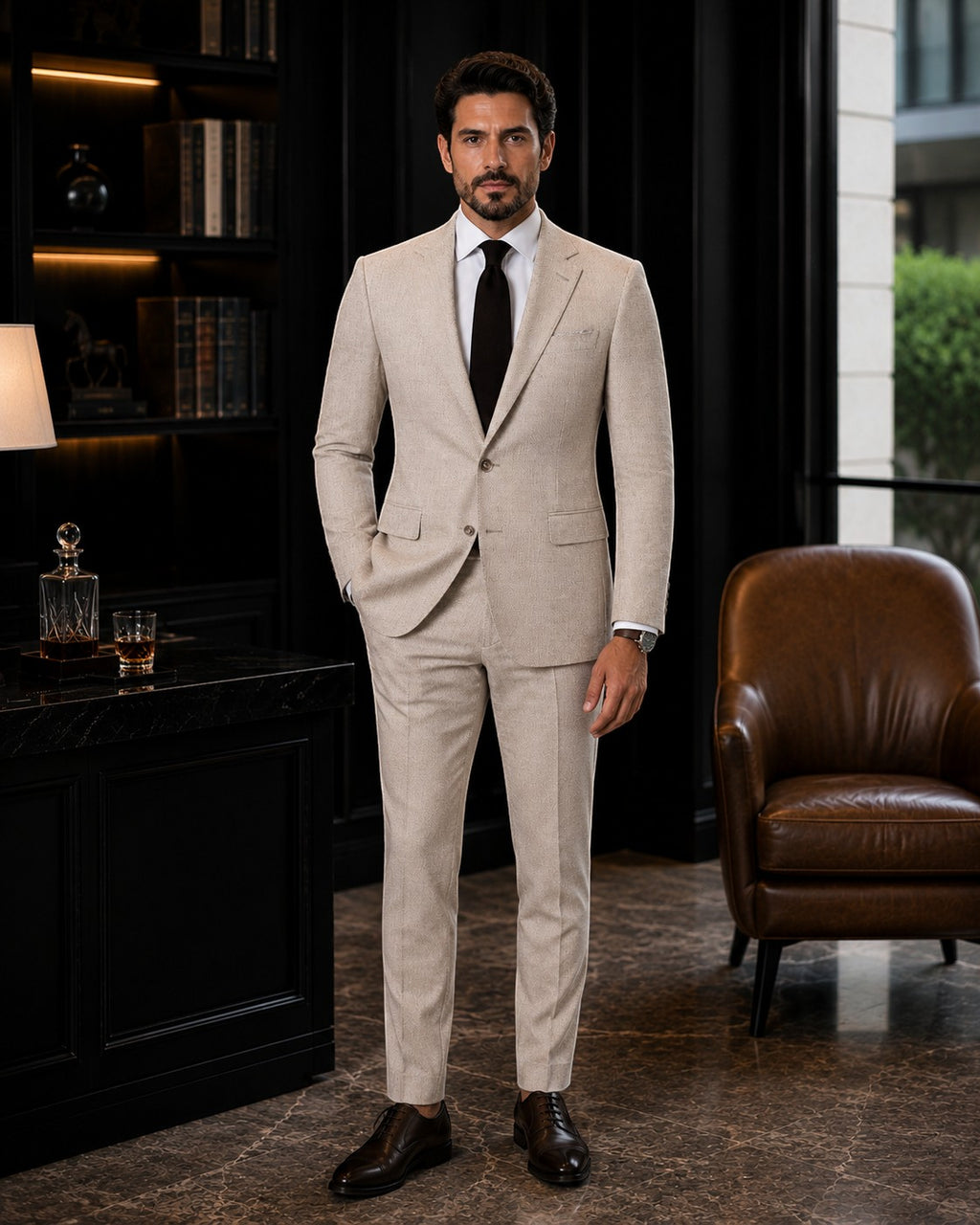 Barutti.ae beige textured wool blazer and trousers worn by a man in a sophisticated office setting.