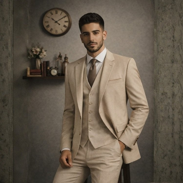 Marco Ricci beige three-piece suit with waistcoat and tie worn by a man in a modern fit for summer weddings.