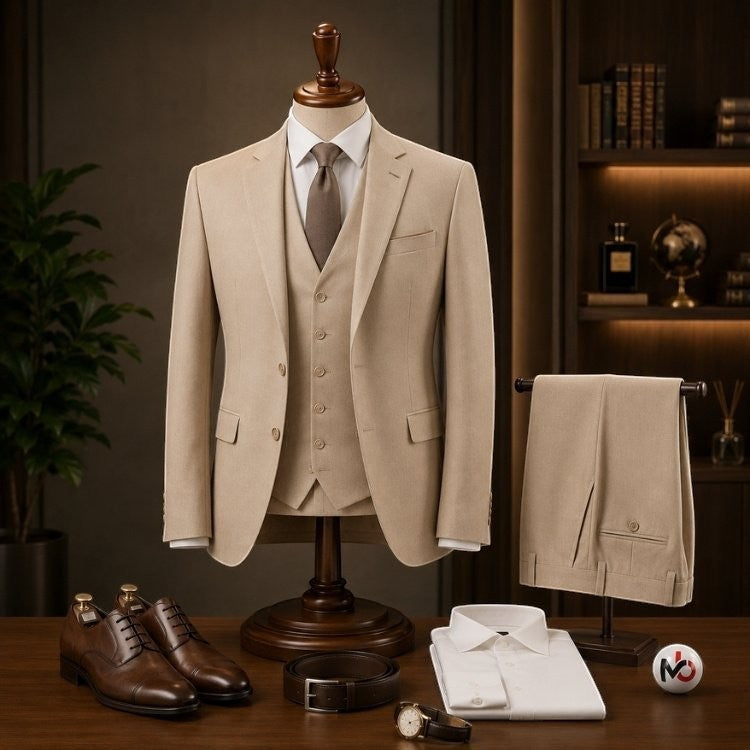 Marco Ricci beige three-piece suit with matching waistcoat, jacket, and trousers on a mannequin with brown leather shoes.