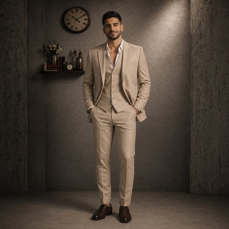 Marco Ricci beige three-piece suit worn by a man with a white shirt and brown leather shoes in a studio.