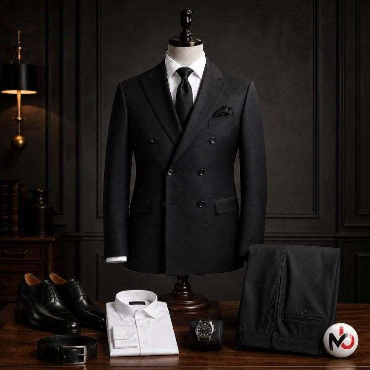 Mario Barutti black double-breasted two-piece suit with peak lapels, styled with a white shirt, tie, and dress shoes.