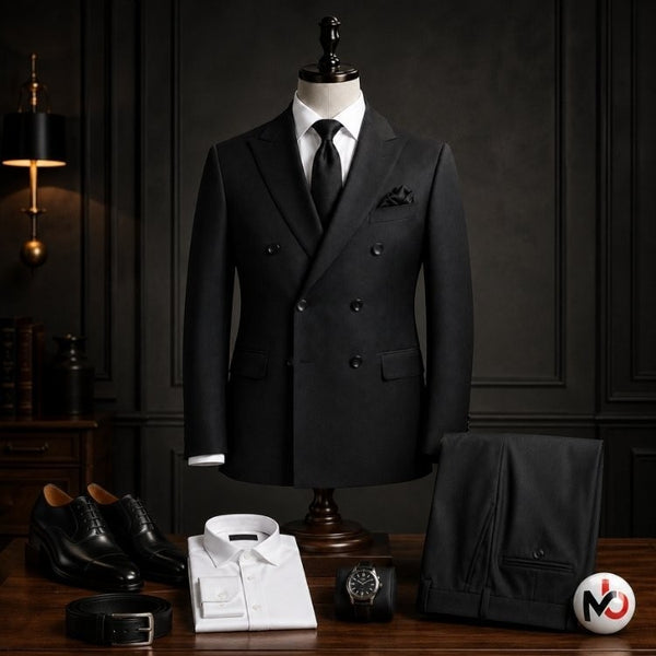 Mario Barutti black double-breasted two-piece suit with peak lapels, styled with a white shirt, tie, and dress shoes.