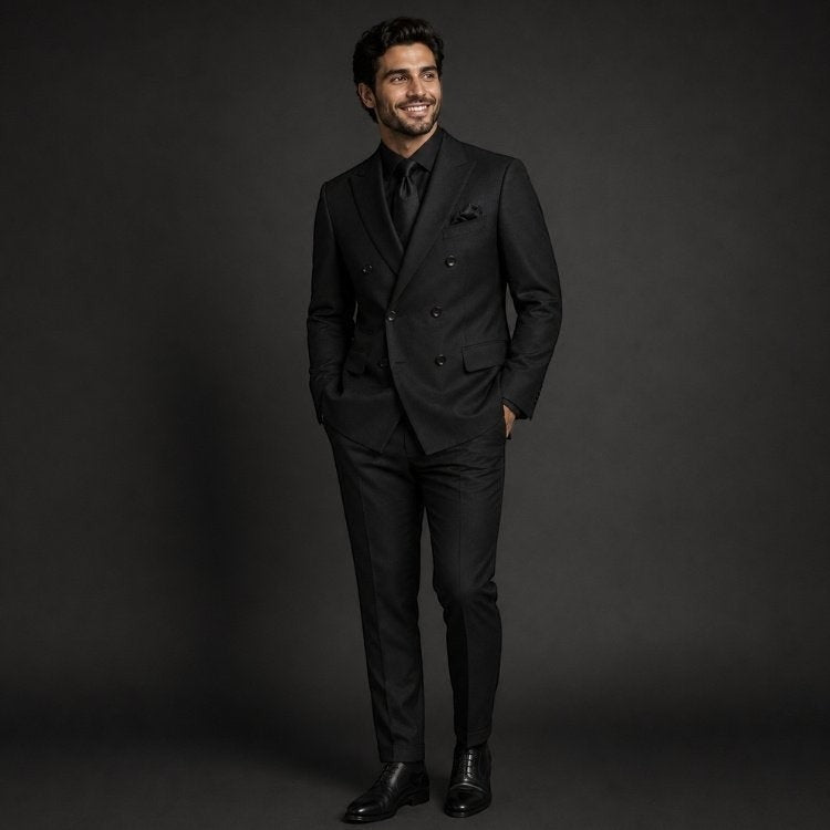 Mario Barutti black double-breasted two-piece suit with peak lapels worn by a smiling man in a formal setting
