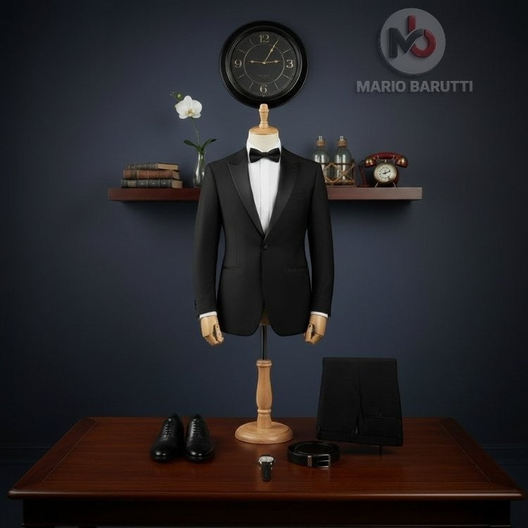 Mario Barutti black tuxedo jacket with peak lapels on a mannequin, styled with trousers, dress shoes, and a bowtie.