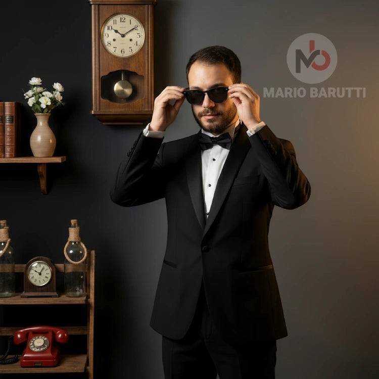 Mario Barutti black tuxedo with a round shawl lapel in premium Super 140 wool worn by a man with sunglasses