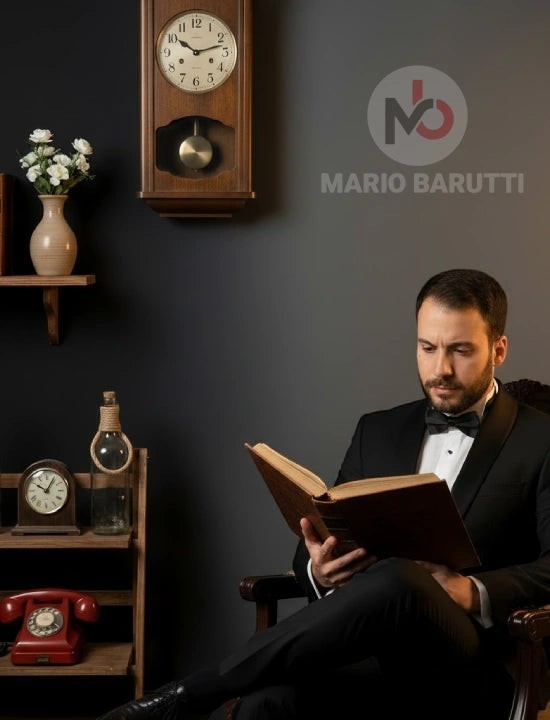 Mario Barutti black tuxedo with a shawl lapel worn by a man reading a book in a vintage-style study