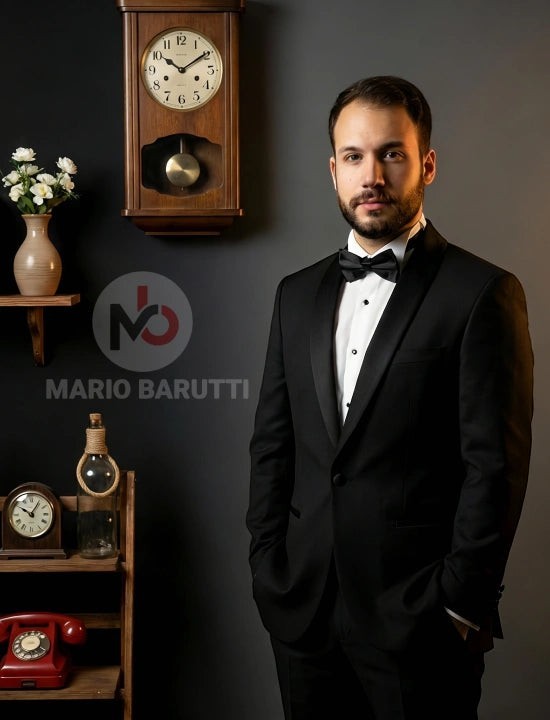 Mario Barutti black tuxedo with a rounded shawl lapel worn by a man in a formal setting.
