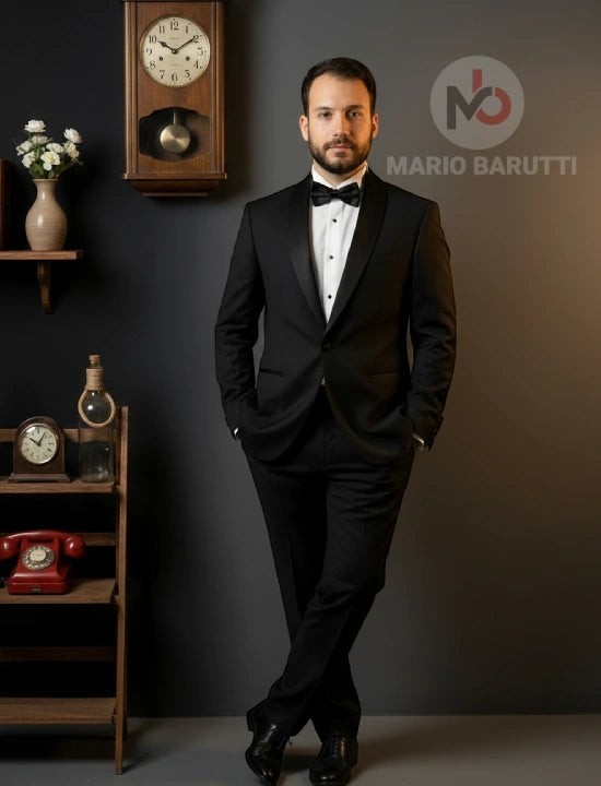Mario Barutti black tuxedo with a rounded shawl lapel worn by a man in a formal setting with a vintage clock.