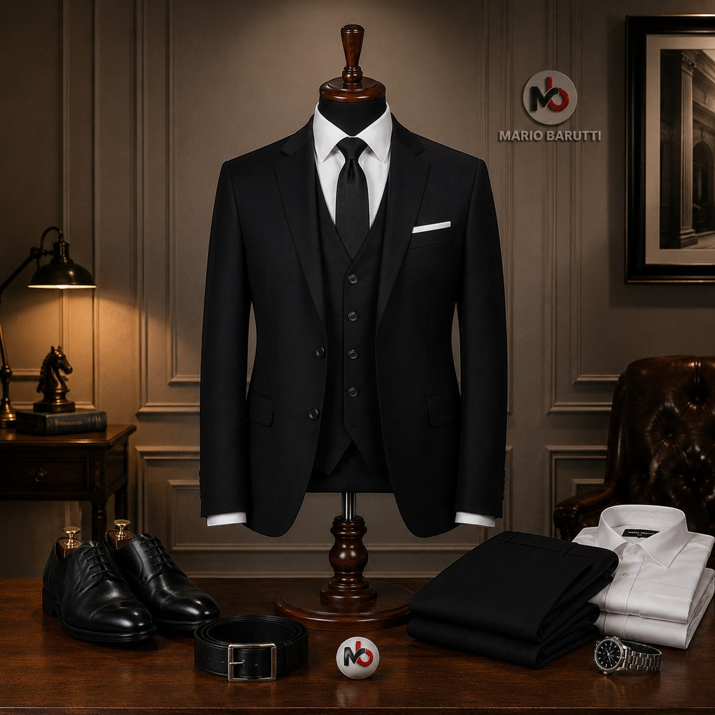 Barutti.ae black three-piece suit on a mannequin with white shirt, black tie, and leather dress shoes on a desk.