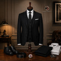 Barutti.ae black three-piece suit on a mannequin with white shirt, black tie, and leather dress shoes on a desk.