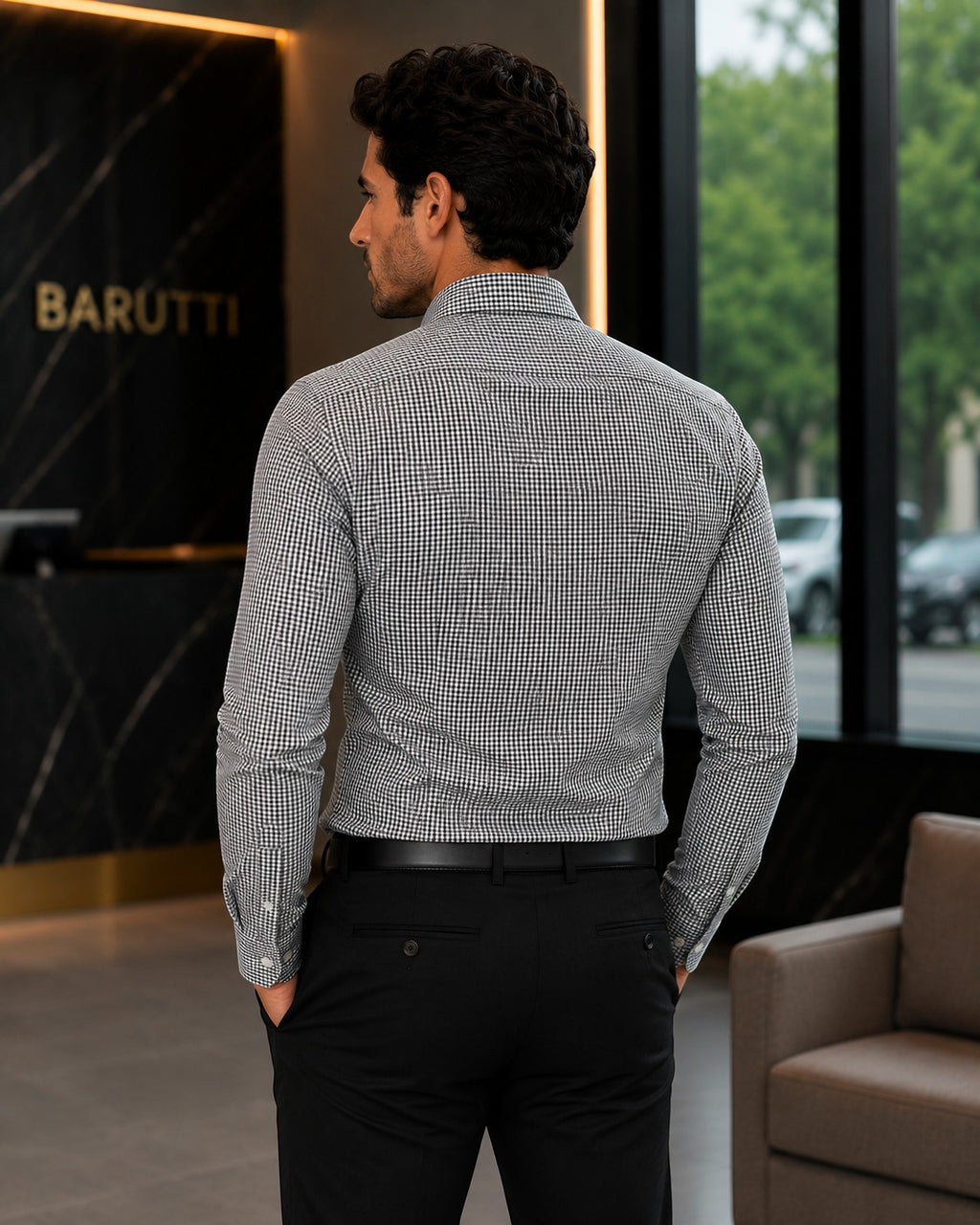 Barutti.ae Venti black and white check long-sleeve cotton shirt worn by a man in a modern fit, back view.