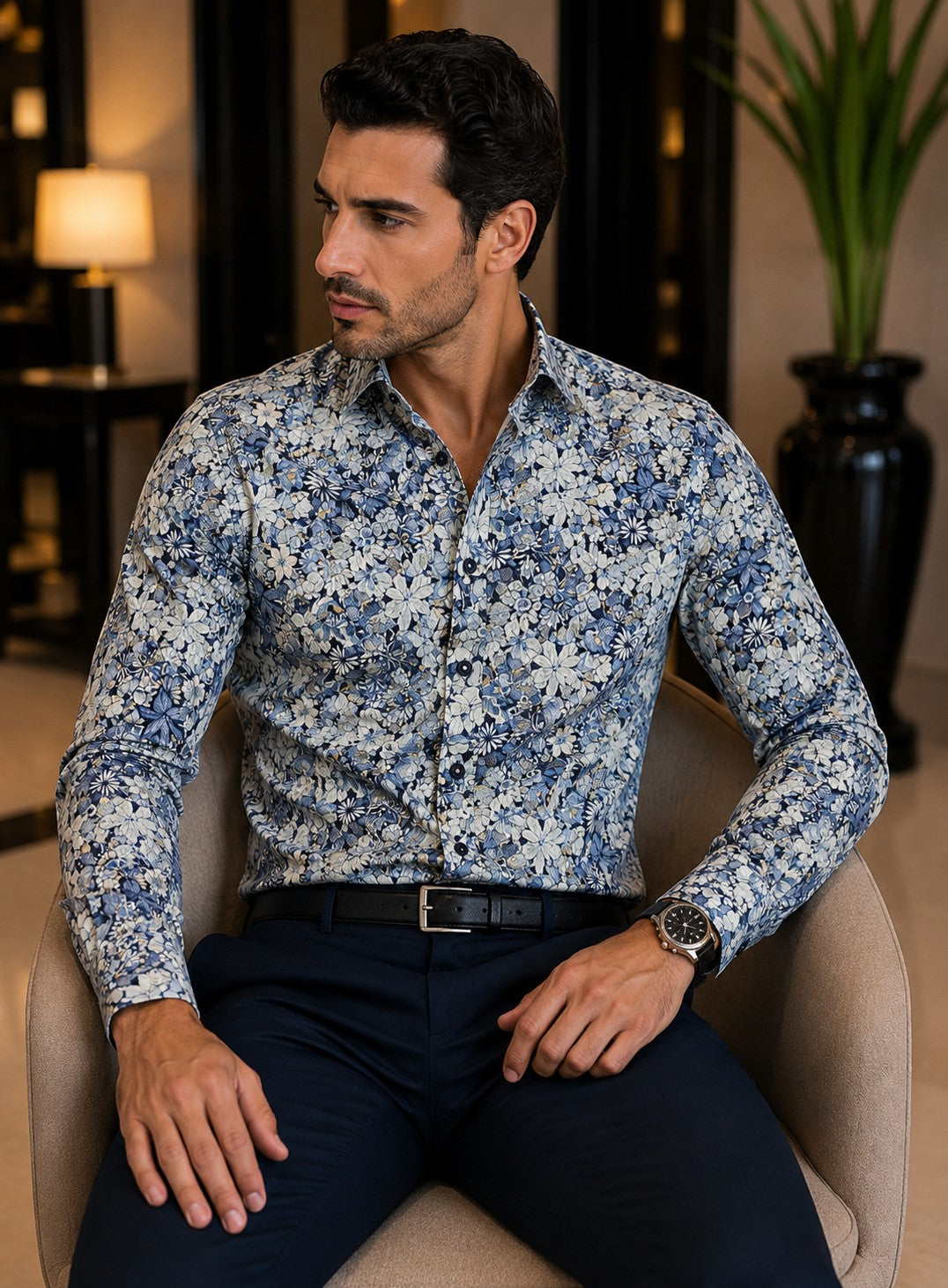 Barutti.ae modern-fit shirt in blue, grey, and cream floral print cotton with a spread collar worn by a man