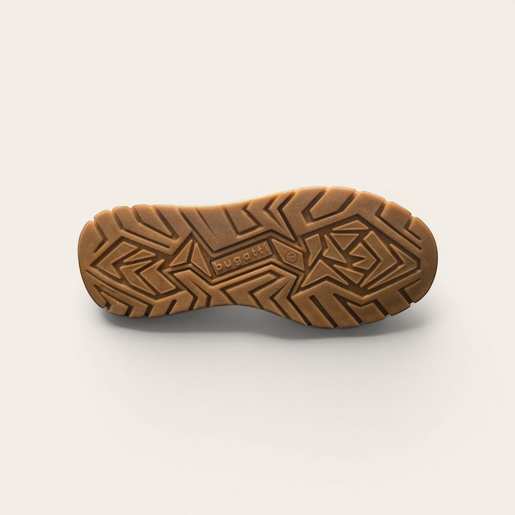 Bugatti tan sneaker rubber outsole with deep multi-directional tread pattern and central logo branding