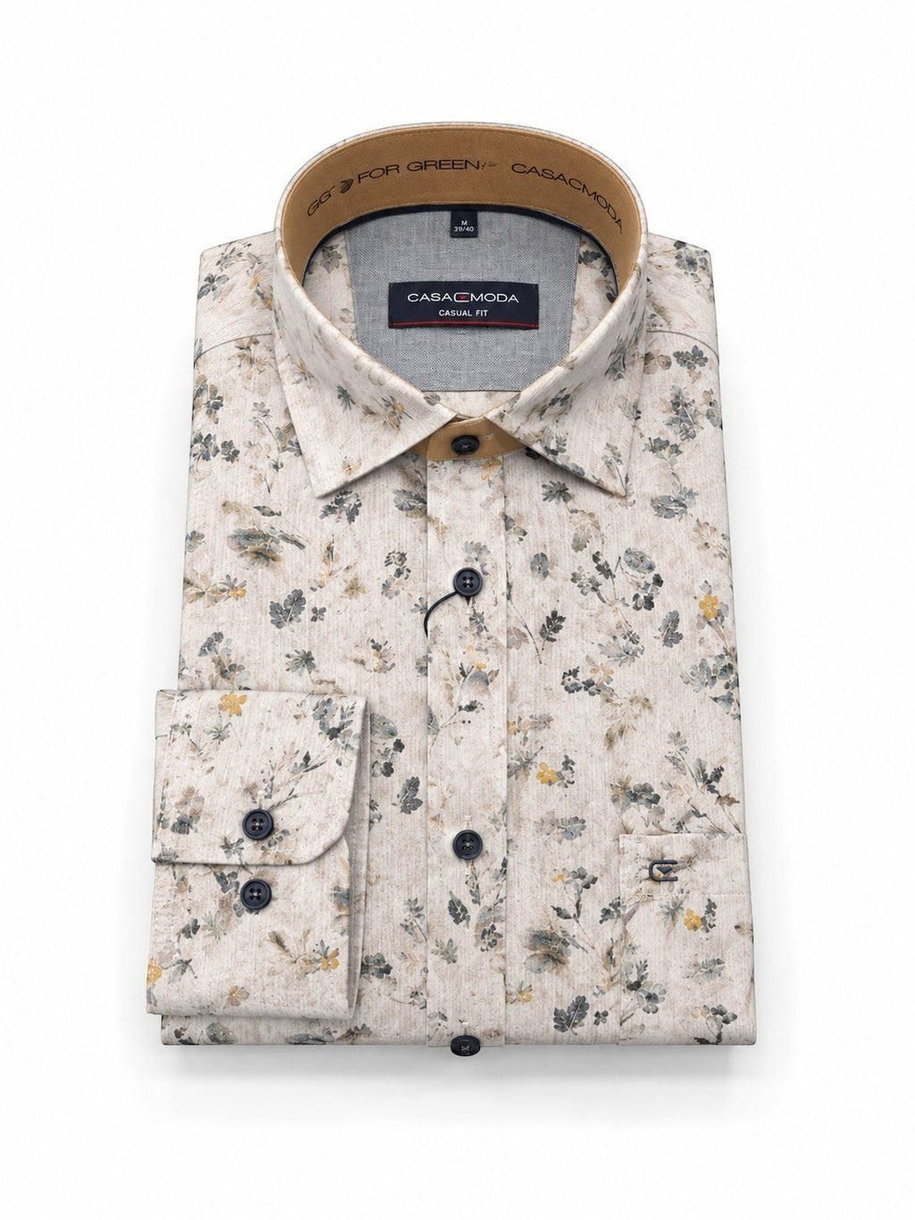Casamoda casual-fit long-sleeve shirt in beige with a muted floral print and dark buttons.