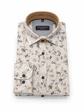 Casamoda casual-fit long-sleeve shirt in beige with a muted floral print and dark buttons.