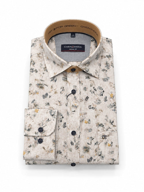 Casamoda casual-fit long-sleeve shirt in beige with a muted floral print and dark buttons.