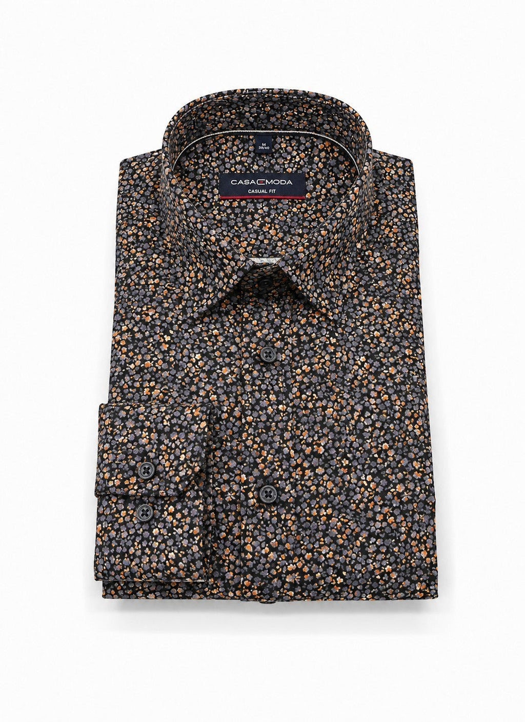 Casamoda casual-fit long-sleeve shirt in charcoal with an orange and grey floral micro-print.