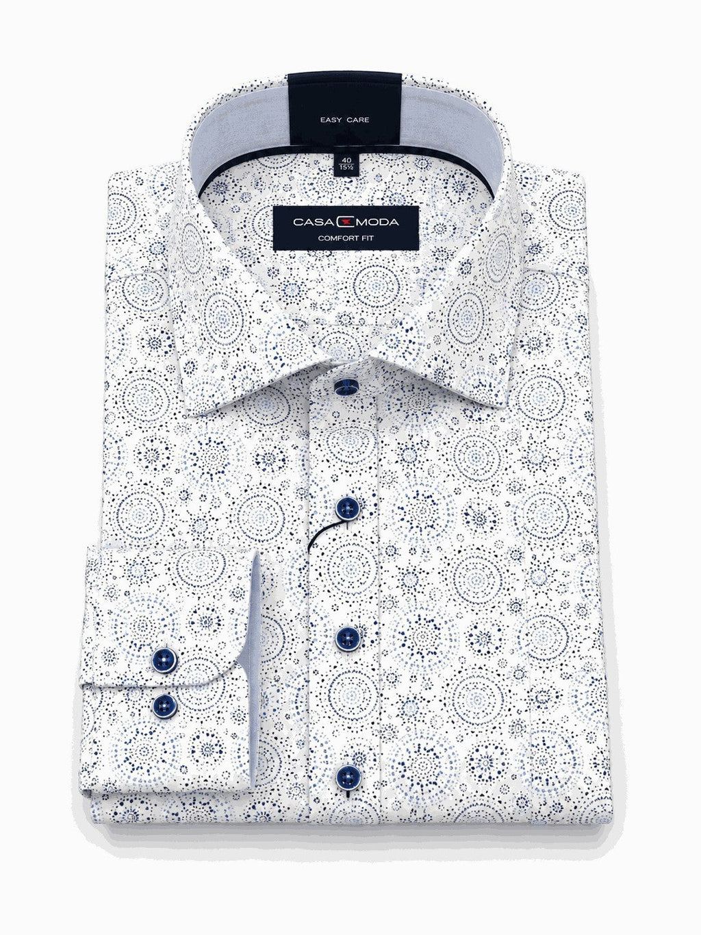 Casamoda comfort-fit white long-sleeve shirt with a navy geometric mandala print.