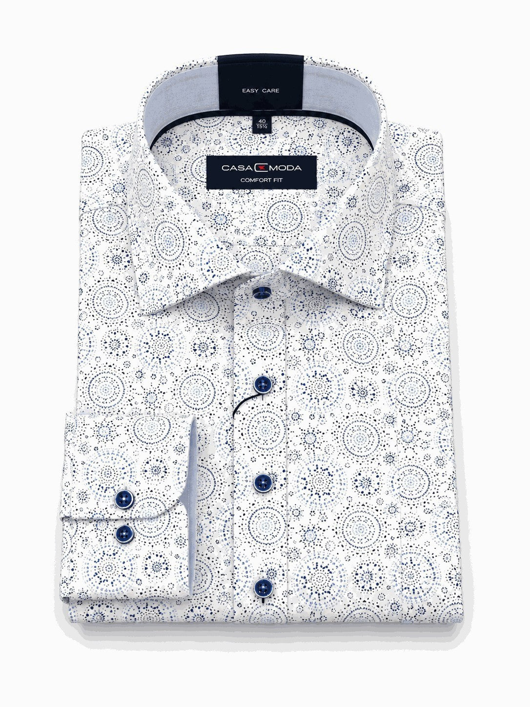 Casamoda comfort-fit white long-sleeve shirt with a navy geometric mandala print.