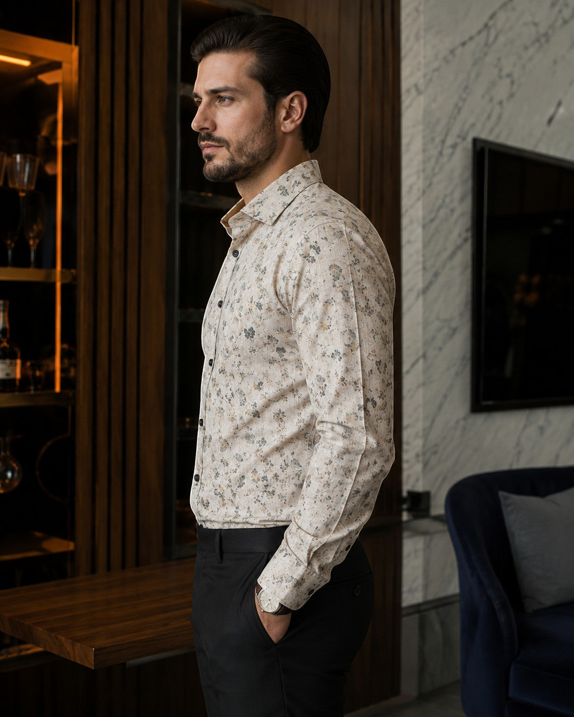 Barutti.ae Casamoda beige cotton shirt with a muted floral print, structured collar, and dark buttons on a man.